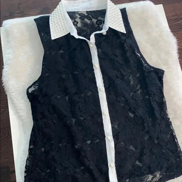 Vintage Lace sheer faux pearls high  collared blouse - Picture 2 of 8